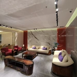 Cream & Red Leather Sofa Set with Diamond Quilted Craftsmanship, Natural Burl Wood Veneer & Gold Stainless Steel Trim